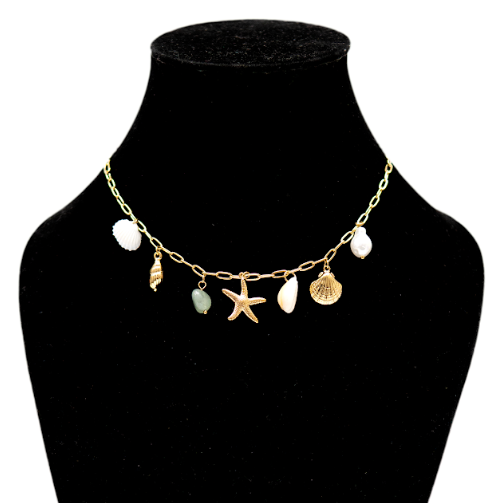 Gold Charm Necklace with Shell and Starfish